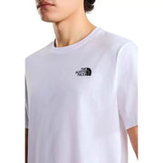 The North Face men t-shirt in white features a black logo on the left chest, ideal for casual wear