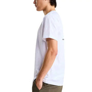 The north face men t-shirt is a white cotton shirt featuring a subtle black logo on the upper left sleeve
