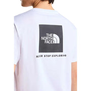 White the north face men t-shirt featuring a black square logo with half-dome symbol and never stop exploring text