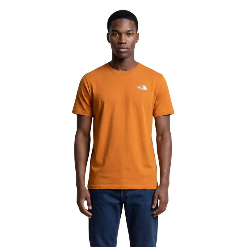 Orange short-sleeved The North Face men t shirt with white logo made of cotton blend material