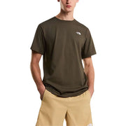 Olive green short-sleeved The North Face men t-shirt with a small white logo on the left chest for casual wear