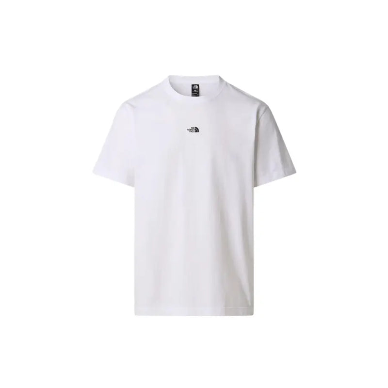 T-shirt homme The North Face blanc en coton, col rond, avec petit logo noir sur la poitrine et étiquette au col.