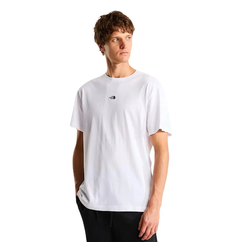 The north face men t shirt white cotton round neck short sleeve with a small black logo on the left chest
