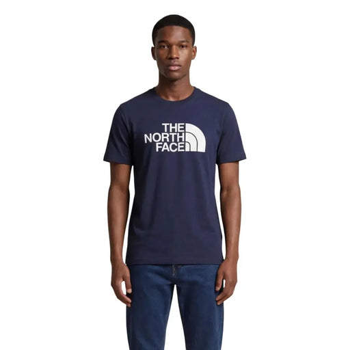 Navy blue The North Face men T shirt with white logo and half dome emblem made of cotton short sleeve fabric