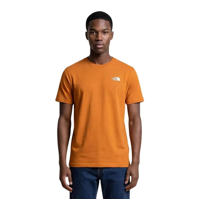 Orange short-sleeved crew neck The North Face men t shirt made of white cotton with a small white logo on the left chest