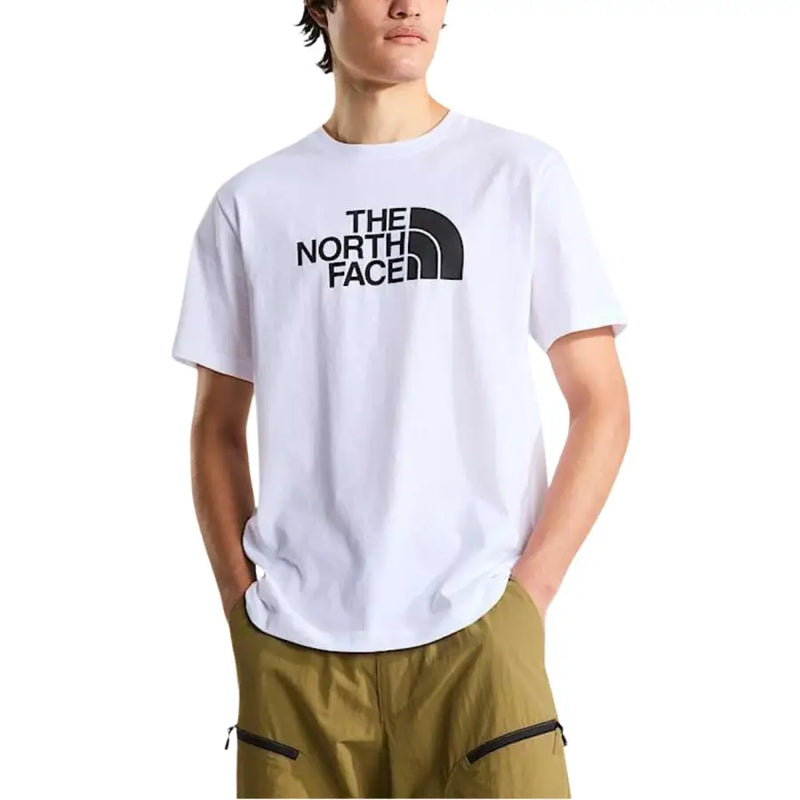 White The North Face men t-shirt featuring a black logo and text on the front, ideal for casual wear