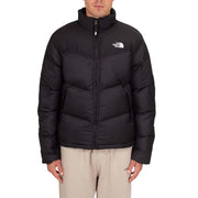The north face puffer jacket for men in black with quilted design and white logo on chest, front view