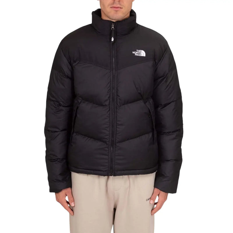 The north face puffer jacket for men in black with quilted design and white logo on chest, front view