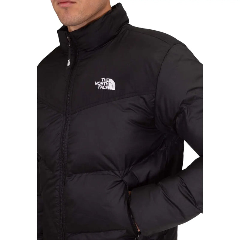 The North Face puffer jacket for men in black with white logo and quilted design, front view