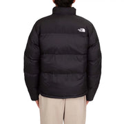 The North Face puffer jacket for men in black with horizontal stitching and white logo, back view