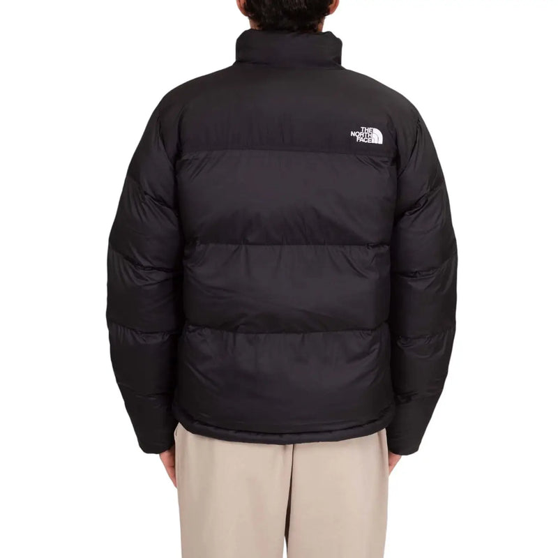 The North Face puffer jacket for men in black with horizontal stitching and white logo, back view