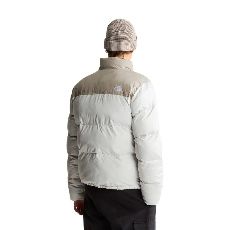 The North Face Daunenjacke Saikuru für Herren in zweifarbigem Grau und Beige mit Steppnähten, Vorderansicht