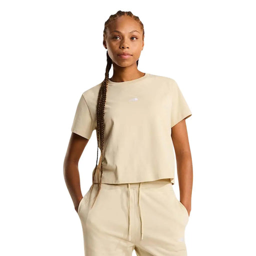 The North Face Damen beige Baumwoll-Crop-Top mit kurzen Ärmeln top mit Rundhalsausschnitt und dezentem, gesticktem Logo auf der Brust