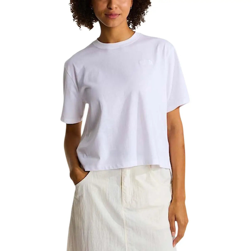 White cropped round neck t shirt with subtle logo on chest made from cotton blend by The North Face women