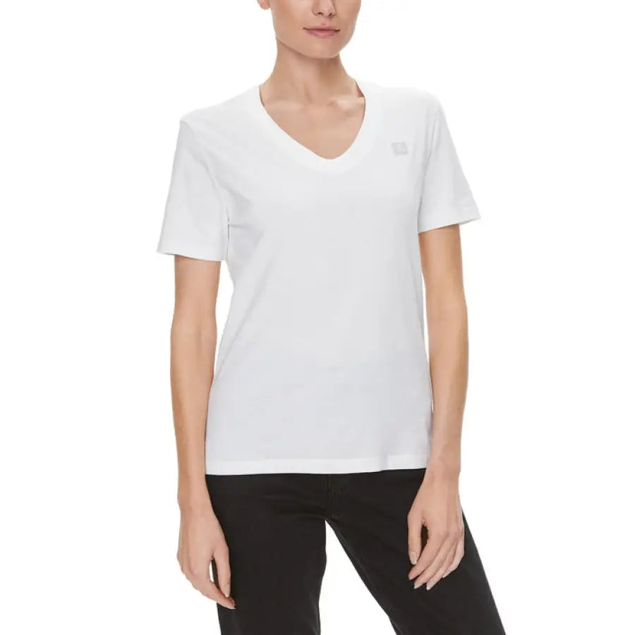 Calvin Klein Jeans women’s V-neck T-shirt by The North Face in product display
