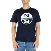 Navy blue North Sails men’s t-shirt with white circular logo featuring bold black ns letters above the brand name
