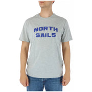 North Sails men grey round neck cotton t-shirt with bold blue north sails lettering on the front