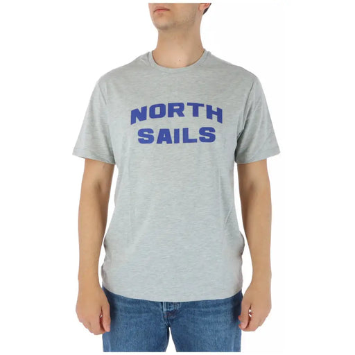 North Sails men grey round neck cotton t-shirt with bold blue north sails lettering on the front
