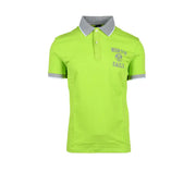 Bright lime green cotton short sleeve slim fit polo shirt with gray collar and trim featuring north sails logo on chest