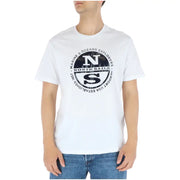 White cotton north sails men t-shirt with round neck and bold black circular maritime logo on the front