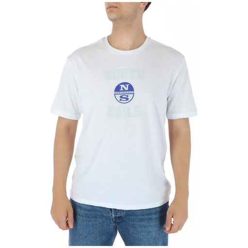 North sails men white cotton t-shirt with short sleeves and blue circular logo featuring north sails text and n above s