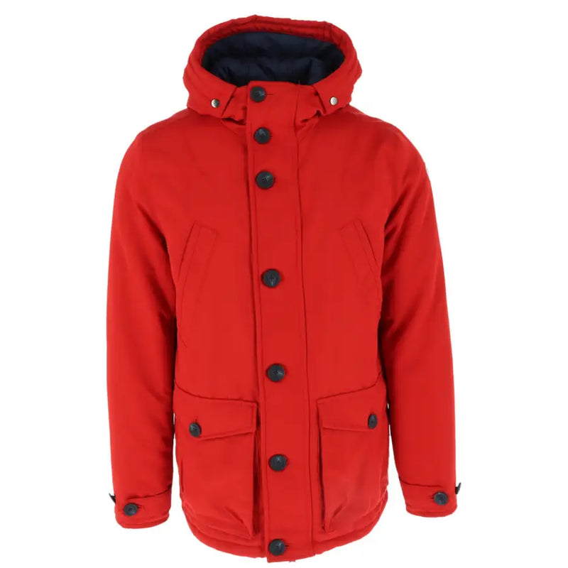 North sails men’s red hooded parka with black buttons and dark blue-lined interior ideal for cold weather