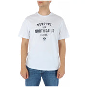 North Sails men’s white round neck cotton t-shirt with black newport USA north sails est 1957 graphic and logo