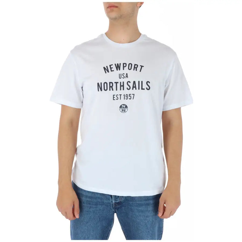 North Sails men’s white round neck cotton t-shirt with black newport USA north sails est 1957 graphic and logo