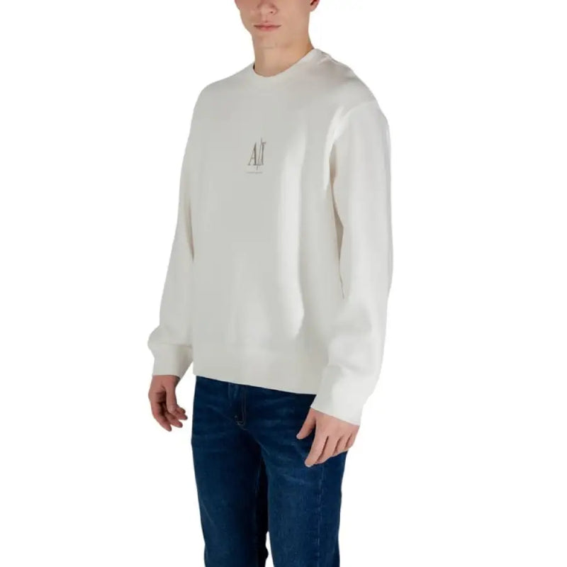 Off-white Armani Exchange Men’s Long Round Neck Sweatshirt displayed on a neutral background