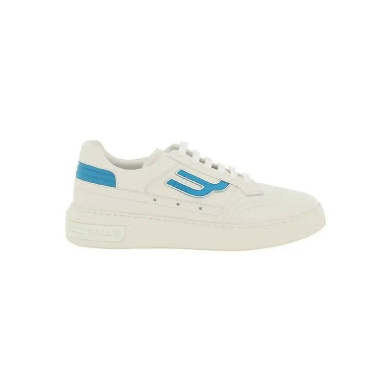 Off-white leather sneaker with blue accents featured in White Leather Sneaker With Blue Accents product image