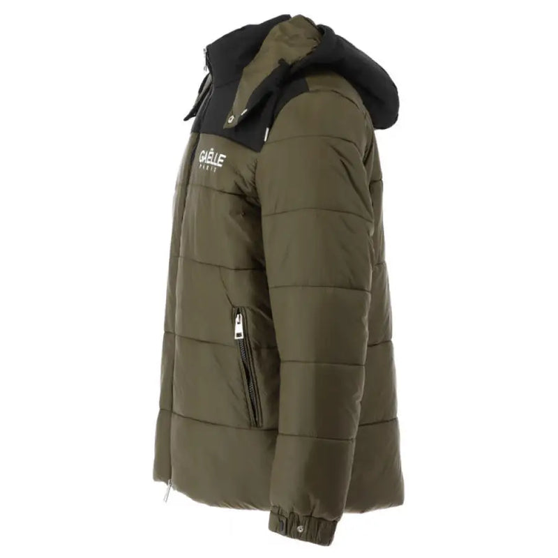 Olive green puffer jacket with black hood displayed in Olive Green and Black Puffer Jacket