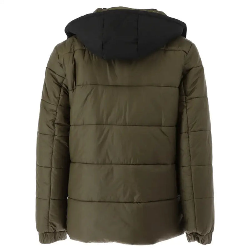 Olive green puffer jacket with black hood for stylish cold weather outerwear