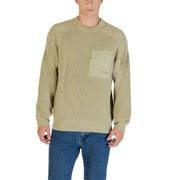 Olive green ribbed knit sweater displayed in a product listing