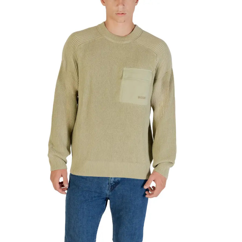 Olive green ribbed knit sweater displayed in a product listing