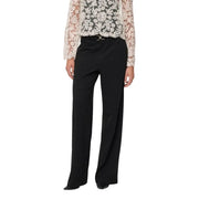 Black wide-leg polyester trousers for women with metallic buckle waistband