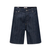 Only loose shorts ONSFA for women in dark blue denim with vertical stripes and five-pocket design, front view
