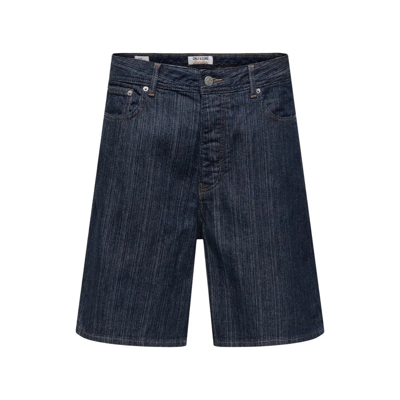Only loose shorts ONSFA for women in dark blue denim with vertical stripes and five-pocket design, front view