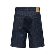 Only loose shorts ONSFA for women in dark indigo with vertical stripes and tan leather label, front view