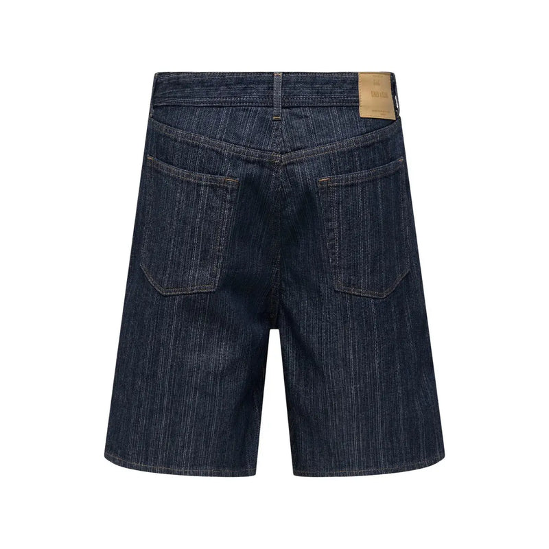 Only loose shorts ONSFA for women in dark indigo with vertical stripes and tan leather label, front view