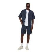 Only loose shorts navy blue pinstripe denim short-sleeved shirt for men with button front and collar front view