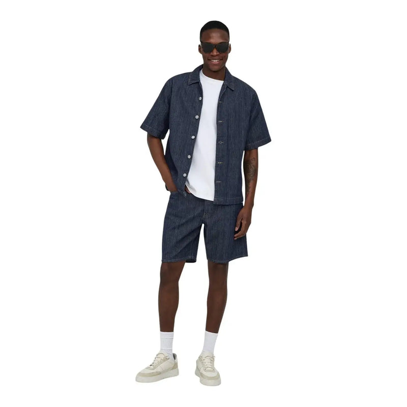Only loose shorts navy blue pinstripe denim short-sleeved shirt for men with button front and collar front view