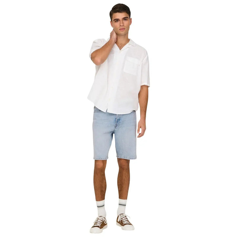 Only shorts white short-sleeved button-up shirt for men in white with chest pocket and relaxed fit front view