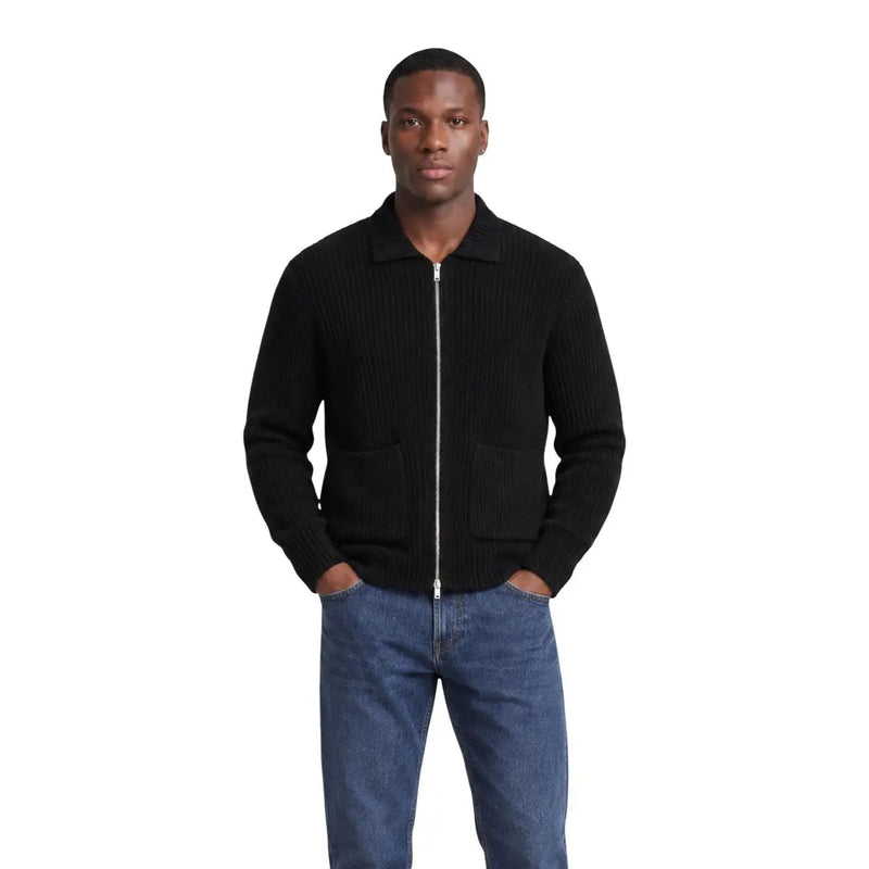 Only & Sons cardigan FRAME RLX for men in black ribbed knit with zip-up and two front pockets, front view