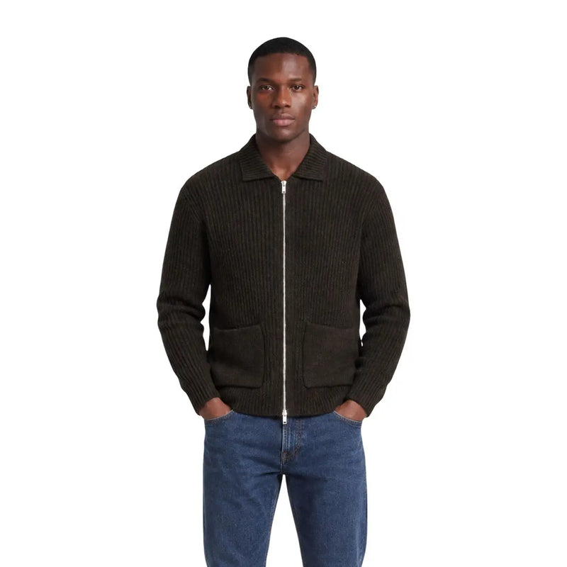 Only & Sons cardigan FRAME RLX for men in dark olive ribbed knit with zip-up and two front pockets, front view