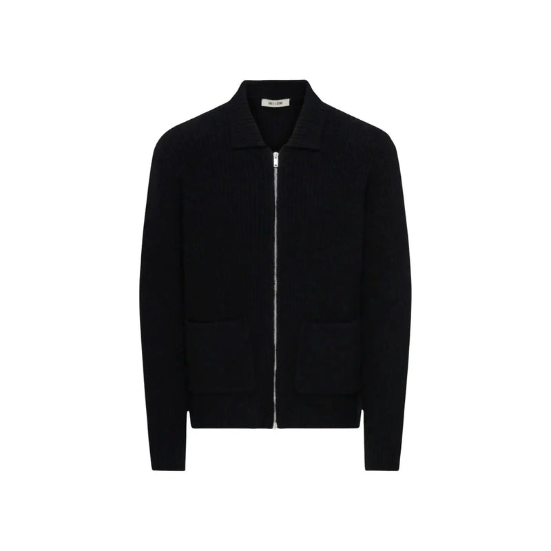 Only & sons cardigan frame rlx for men in black knit with silver zipper and two front pockets, front view