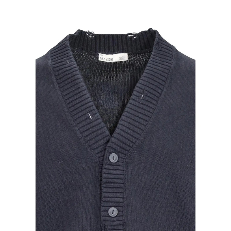 Only Herren-Cardigan „Tune“ von Sons aus dunkelblauem Rippstrick mit passenden Knöpfen und Markenlabel im Kragen, Vorderansicht