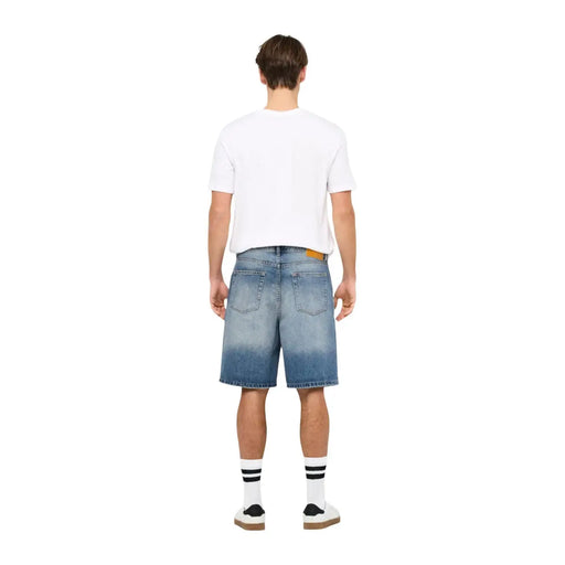 Only & Sons denim shorts for men in light wash with faded distressed look and five-pocket design, front view