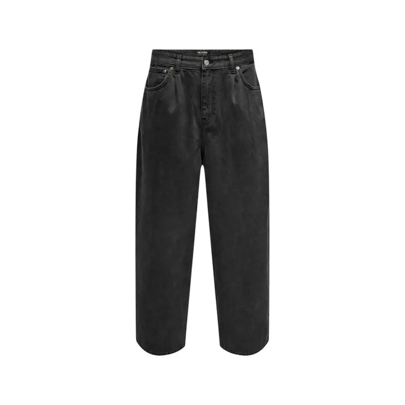 Only and Sons men black cotton jeans featuring high-waisted wide-leg denim with straight cut and five-pocket design