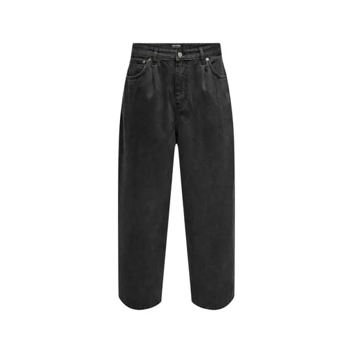 Only and Sons men black cotton jeans featuring high-waisted wide-leg denim with straight cut and five-pocket design