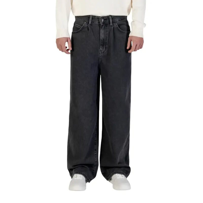 Only and sons men black cotton jeans featuring wide-leg fit and classic five-pocket design displayed from the front